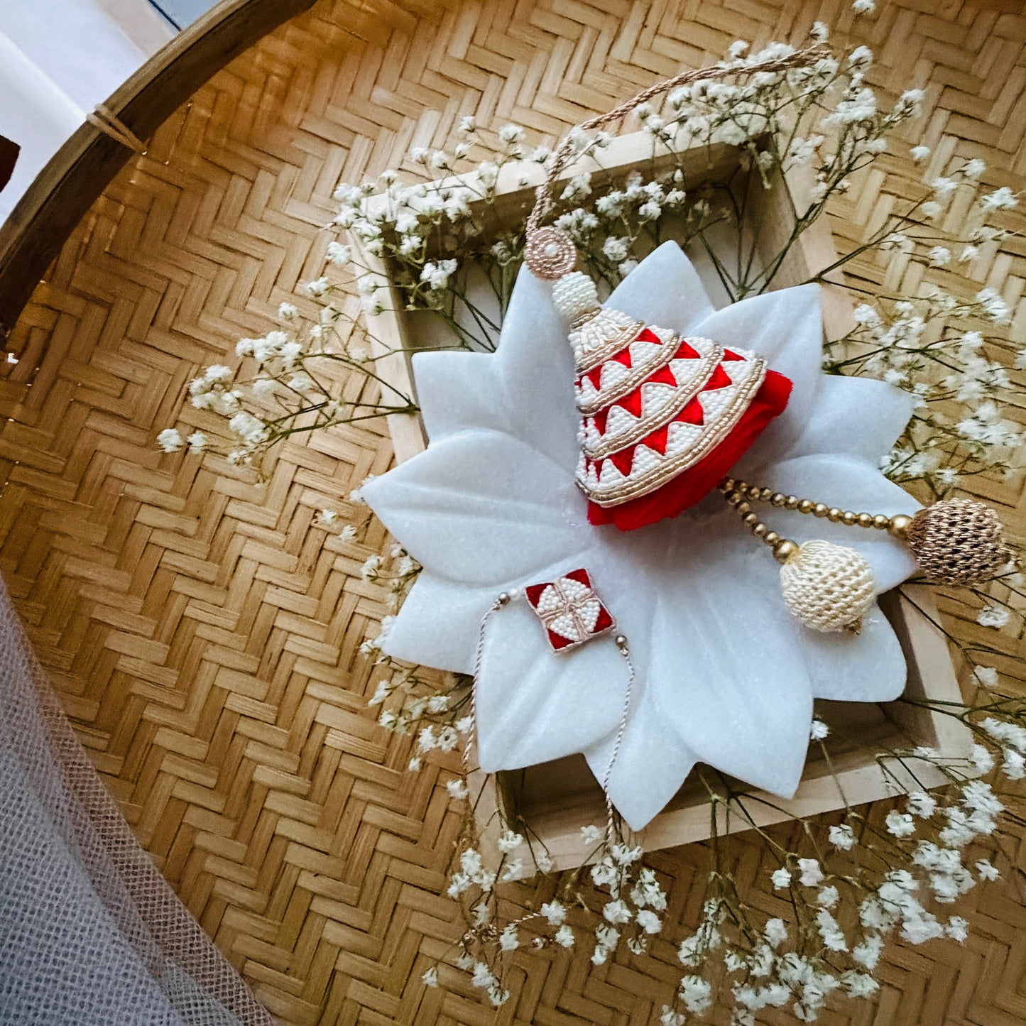Pearl Cone Red Beaded Bhaiya Bhabhi Rakhi Set