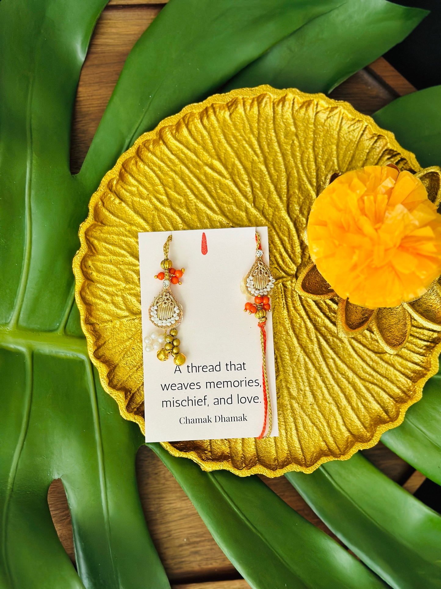 Orange Gold Drop Bhaiya Bhabhi Rakhi Set