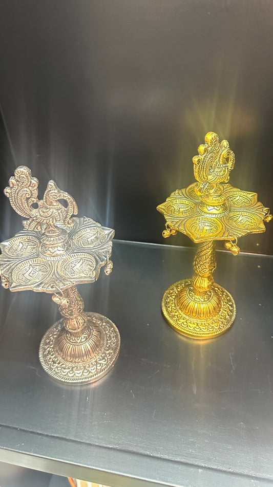 12 Inch Peacock Pillar Diya (Samai) | Silver & Gold Finish Brass Oil Lamp