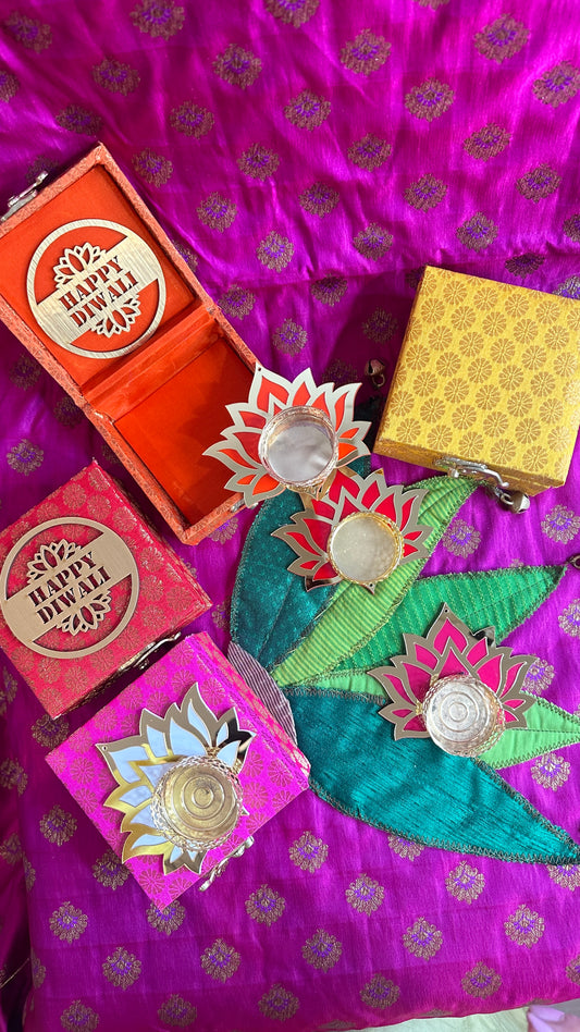 Festive Brocade Box with Lotus Diya – Vibrant Gifting Made Easy