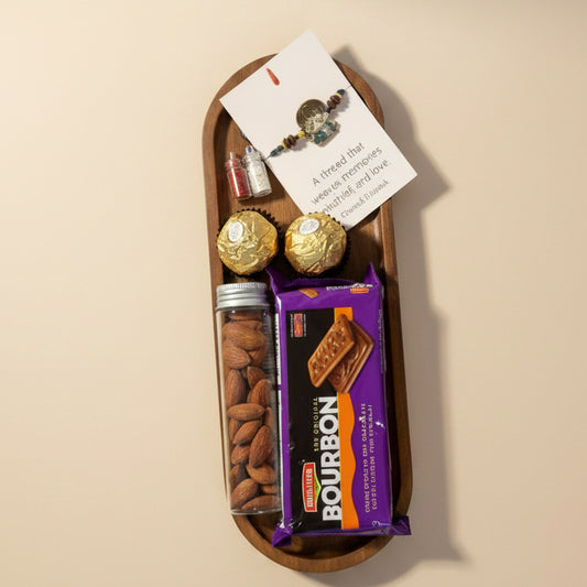 Premium Wooden Tray Rakhi Gift Set – Rakhi, Chocolates, Nuts & Treats