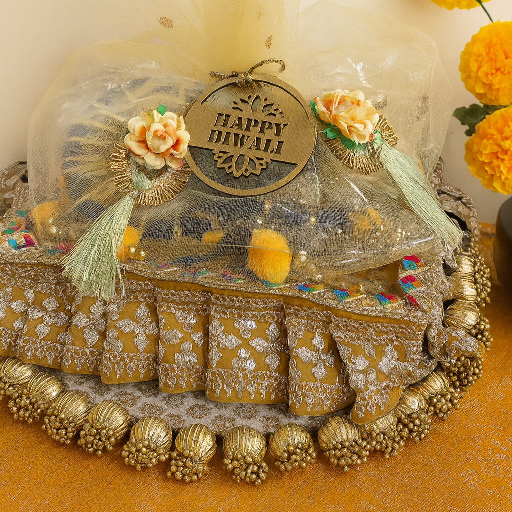 Diwali Gift Set – Rangoli Diyas, Pom Pom Latkan, Shubh Labh & Decor Tray