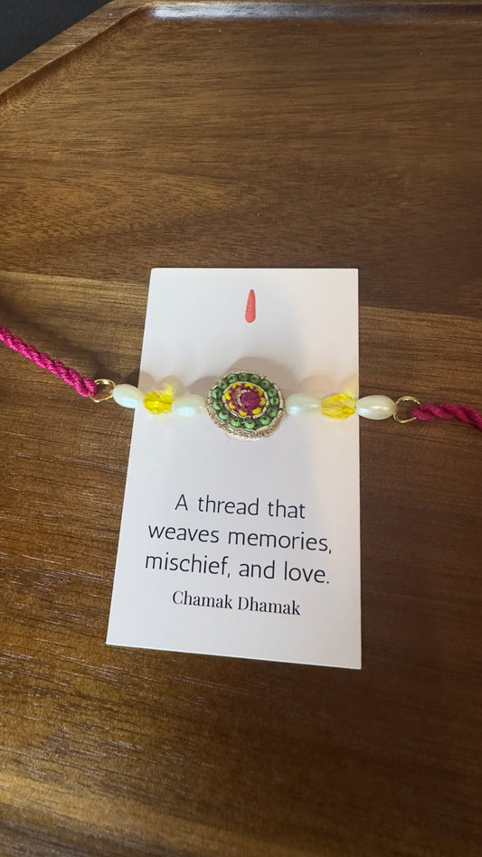 Embellished Rakhi with Pearl Beads – Pink Thread