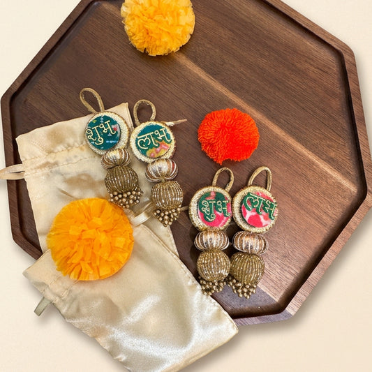 Handcrafted Shubh Labh Latkan Pair with Gold Beadwork in Satin Gift Bag | Traditional Indian Door & Pooja Decor