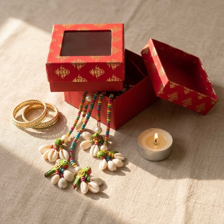 Handmade Diwali Gift Box Set with Kaudi & Parrot Latkan | Decorative Tea Light Diya Set for Diwali & Pooja Return Gifts