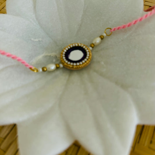 Mirror Embellished Rakhi with Pearl Beads – Pink Thread