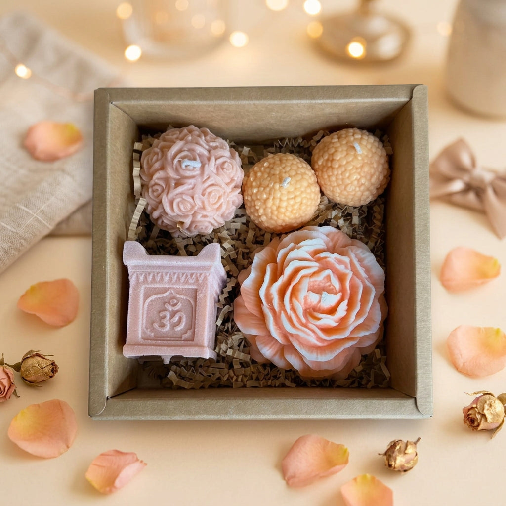 Handmade Mogra Jasmine Scented Floral Candle Gift Box | Hand-Poured Soy Wax Flower Candles | Festive Pooja Decor & Housewarming Gift Set
