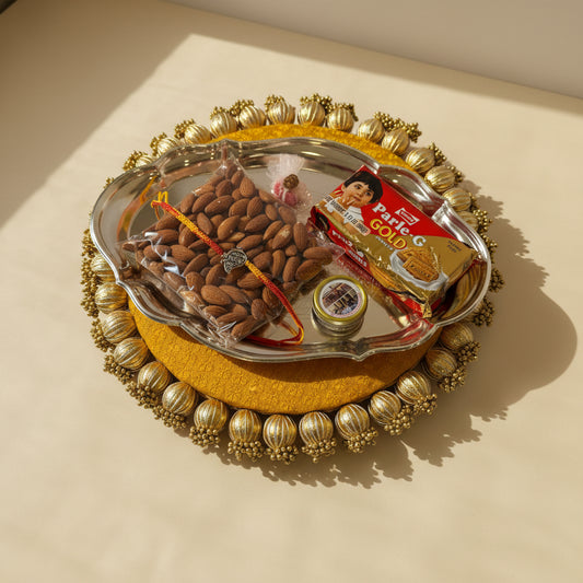 Reversible Brocade Pooja Mat & Silver Platter Rakhi Gift Set