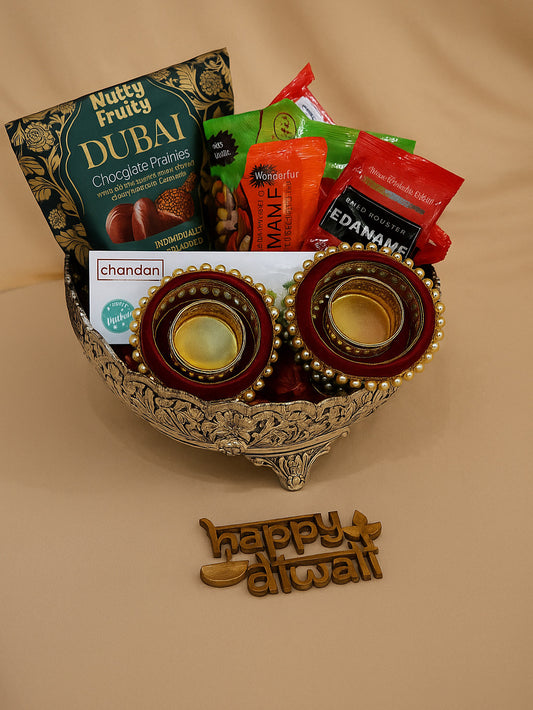 German Silver Bowl Hamper with Premium Snacks & Diyas | Chamak Dhamak