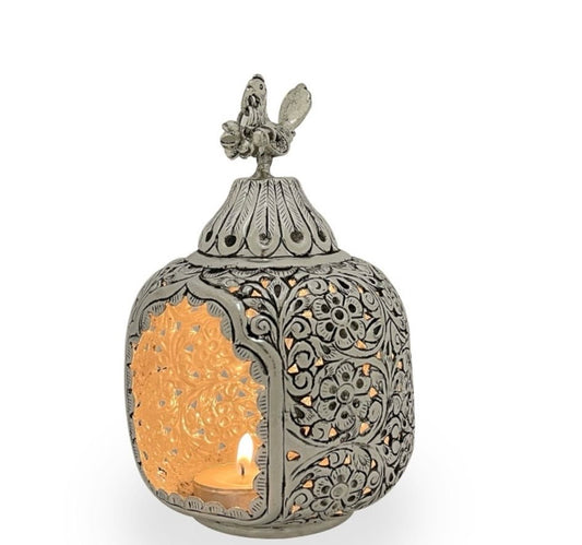 Antique Silver Akhand Diya – Floral Engraved Tealight Holder for Diwali & Pooja