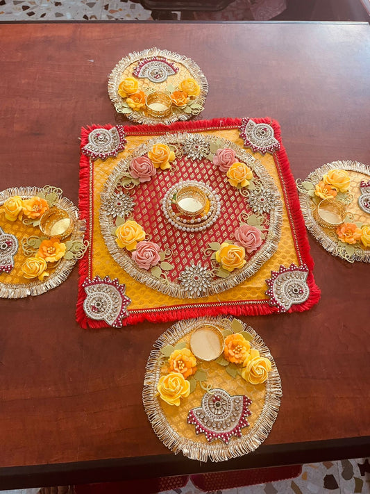 5-Piece Square Diya Rangoli Set in Brocade Fabric - Festive Decoration