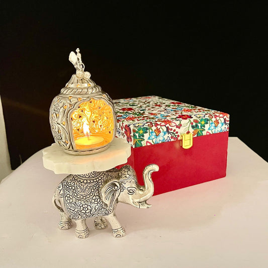 Silver Elephant Tealight Holder – Decorative Diya Stand with Gift Box