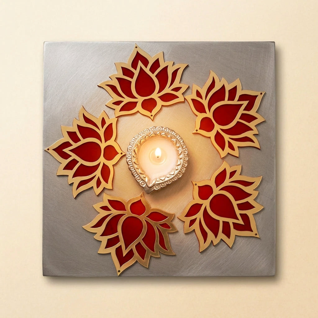 Handcrafted Acrylic Lotus & Diya Table Centerpiece | Wax-Filled Clay Diya with 5 Cutouts & Raw Silk Pearl Tassel Bag | Festive Table Decoration for Gifting