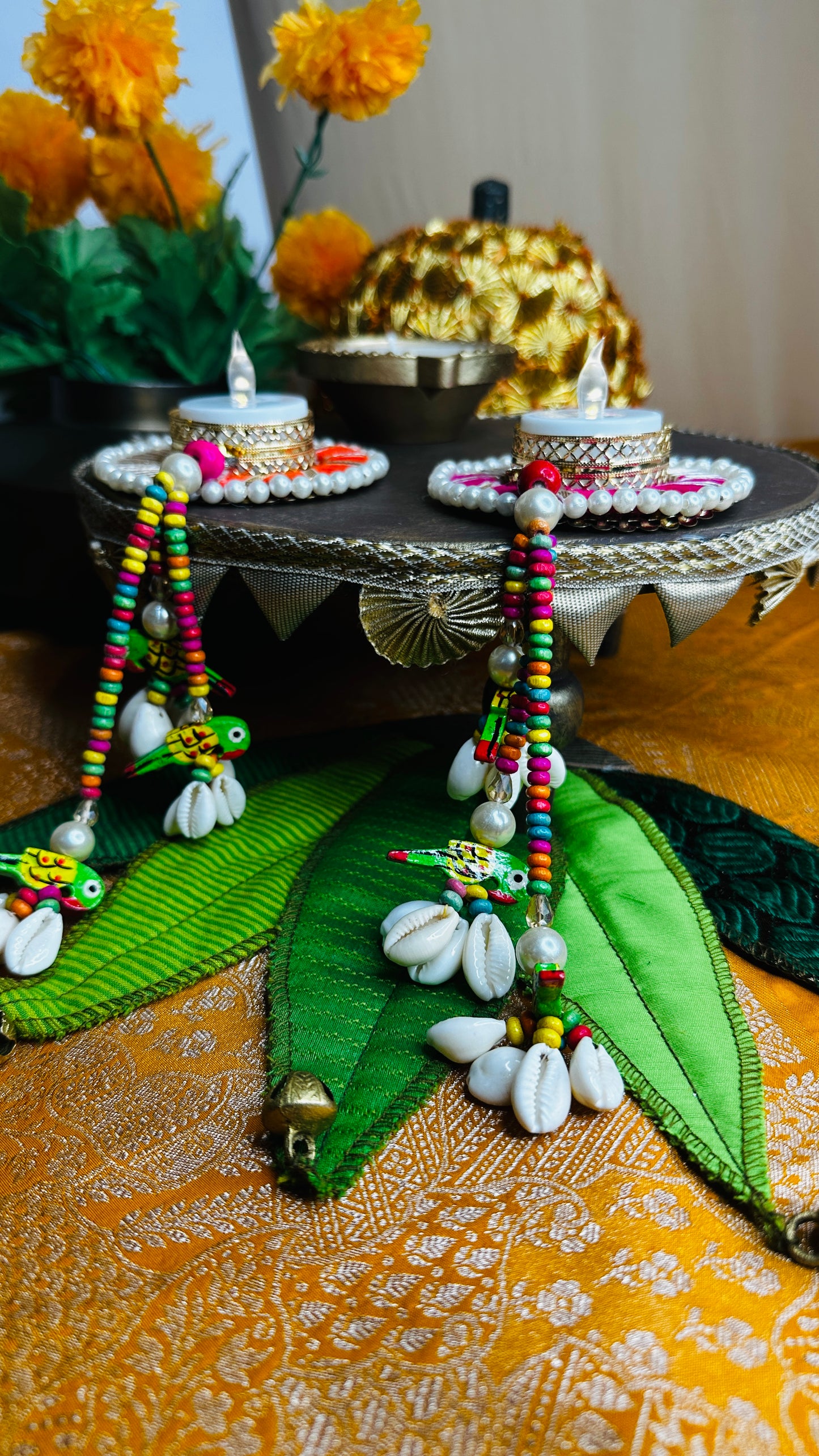 Parrot Latkan Pearl Diya Set – Handcrafted Festive T-Light Holders | Chamak Dhamak USA