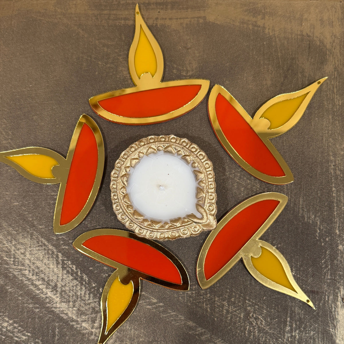 Handcrafted Acrylic Lotus & Diya Table Centerpiece | Wax-Filled Clay Diya with 5 Cutouts & Raw Silk Pearl Tassel Bag | Festive Table Decoration for Gifting