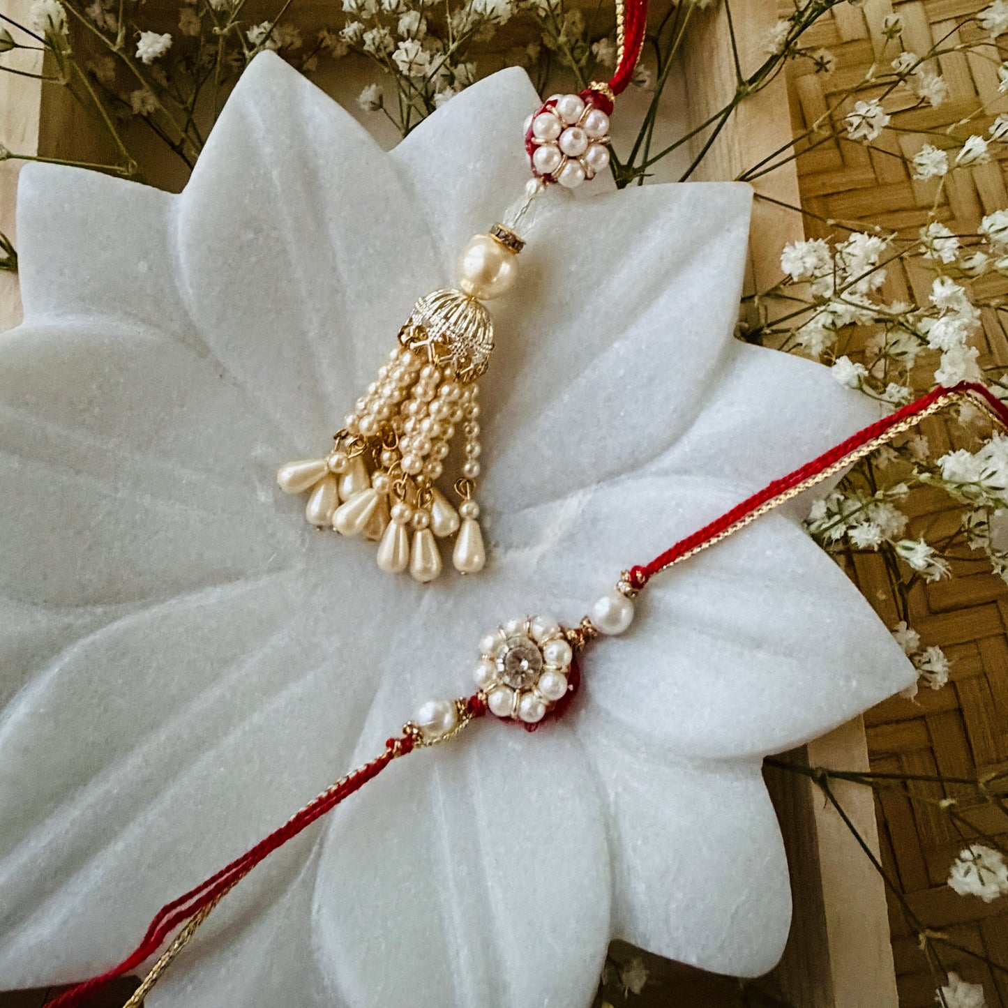 Pearl Flower Bhaiya Bhabhi Rakhi Set
