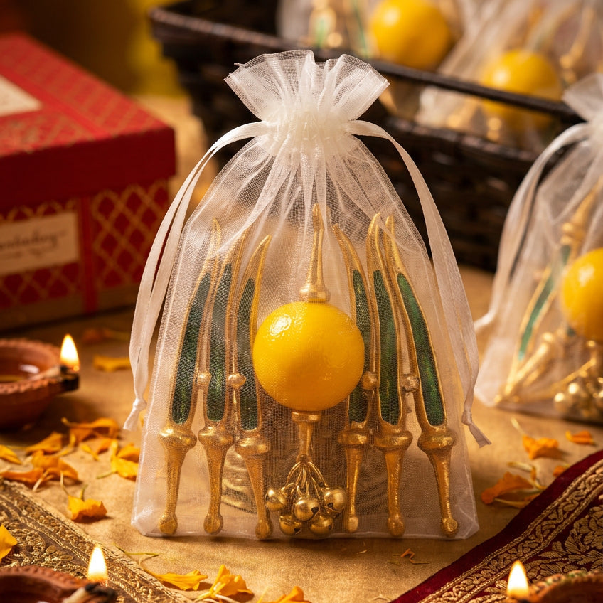 Handcrafted Nimbu Mirchi Evil Eye Protection Hanging in Organza Bag | Traditional Good Luck Lemon & Chili Door Charm | Table Decoration for Gifting | Handmade 