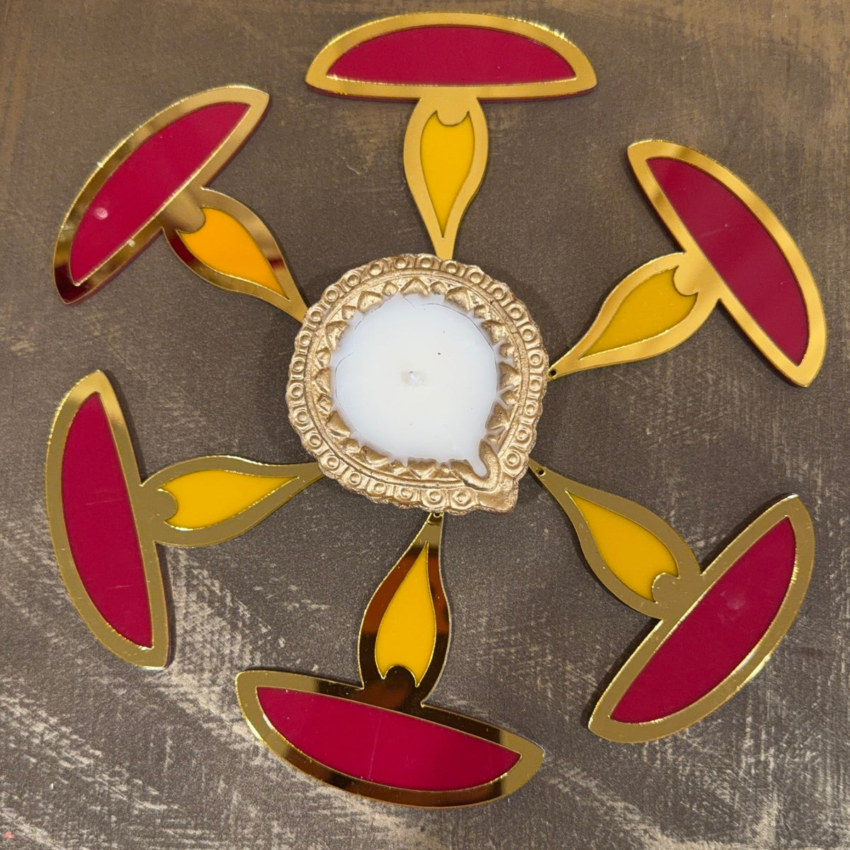 Handcrafted Acrylic Lotus & Diya Table Centerpiece | Wax-Filled Clay Diya with 5 Cutouts & Raw Silk Pearl Tassel Bag | Festive Table Decoration for Gifting