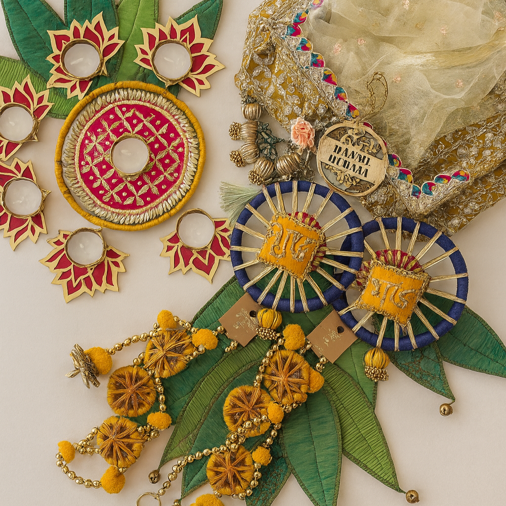 Diwali Gift Set – Rangoli Diyas, Pom Pom Latkan, Shubh Labh & Decor Tray