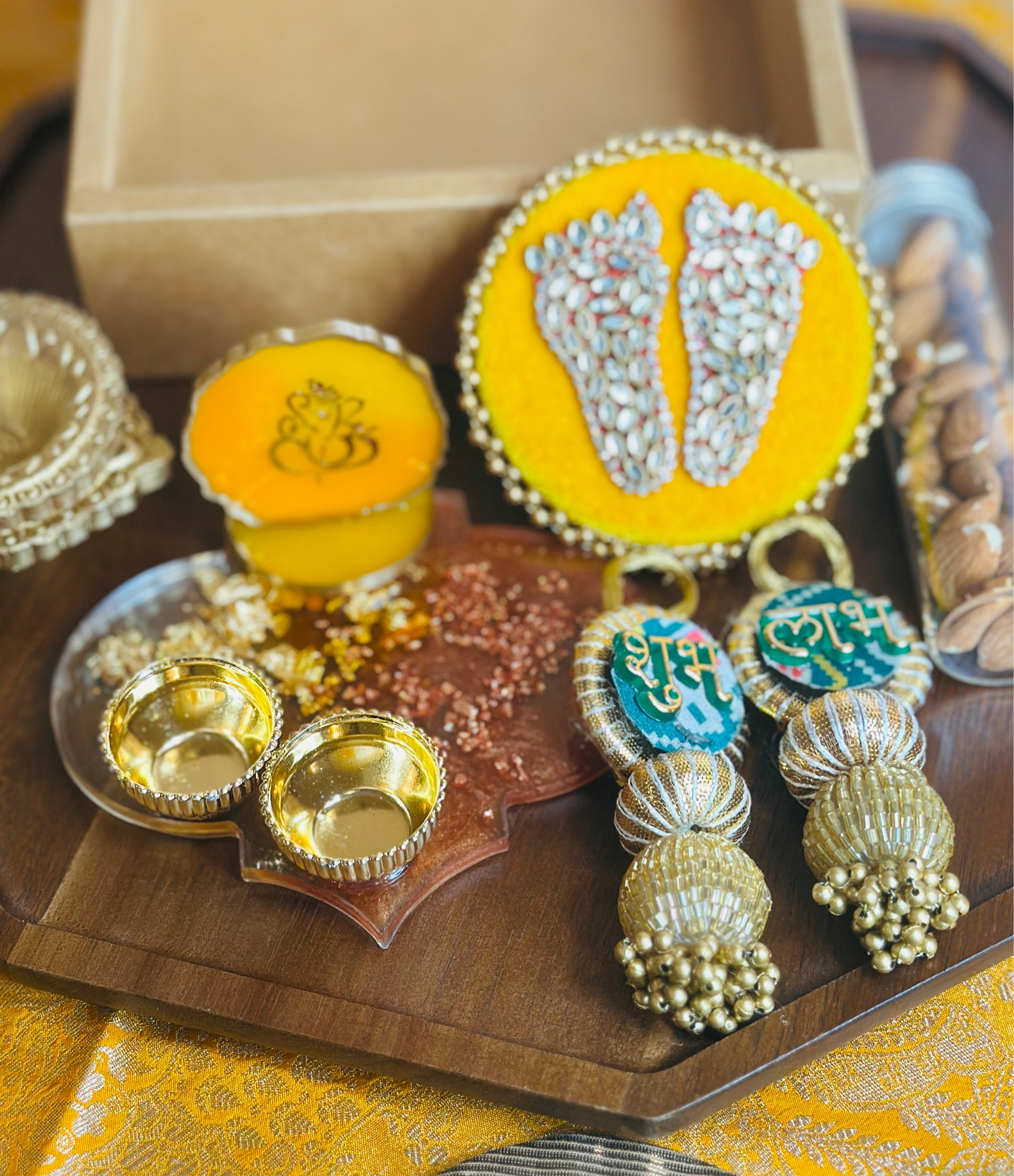 Premium Diwali Gift Box – Charan Paduka, Shubh Labh, Diya & Almond Jar | Chamak Dhamak USA