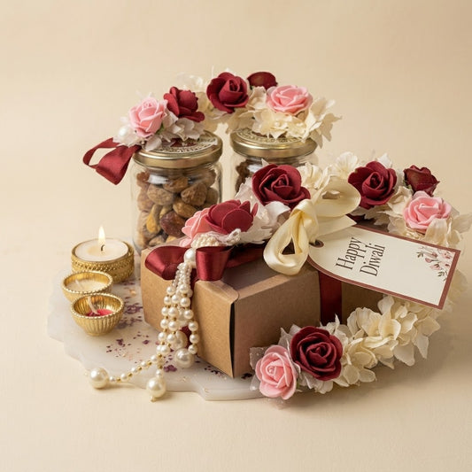 Diwali Gift with Resin Aarti Thali, Dry Fruit Jars & Ladoo Candles, Handmade Rose & Pearl Gift Box
