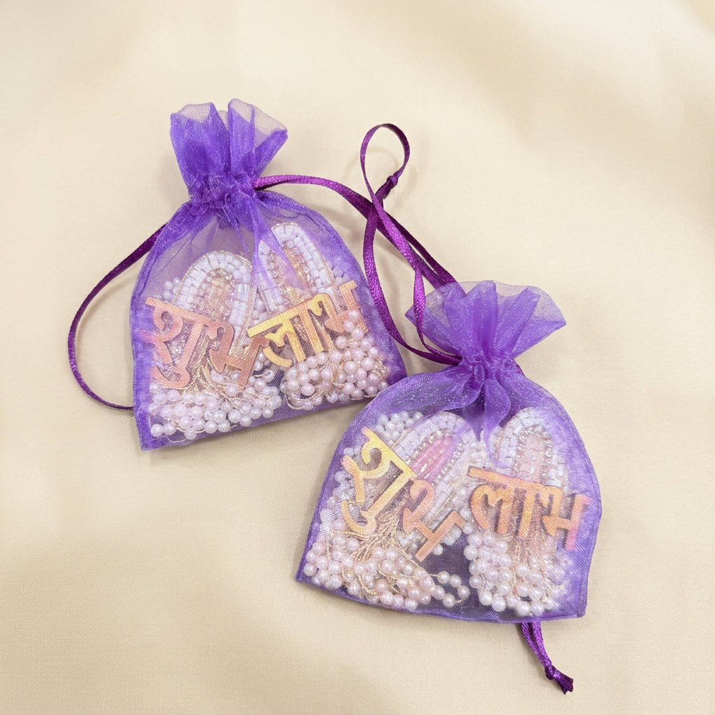 Handcrafted Pearl Beaded Shubh Labh Sticker Pair on Brocade Base in Purple Organza Potli | Easy Peel & Stick Indian Door & Mandir Decor | Table Decoration for Gifting | Handmade