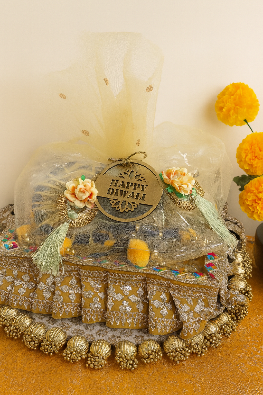 Diwali Gift Set – Rangoli Diyas, Pom Pom Latkan, Shubh Labh & Decor Tray