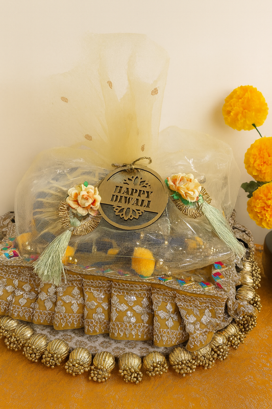 Diwali Gift Set – Rangoli Diyas, Pom Pom Latkan, Shubh Labh & Decor Tray