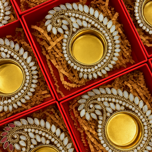 Luxury Mirror Paisley Diya Set – 4/4  Gift Box with Lid | Festive Decor & Gifting