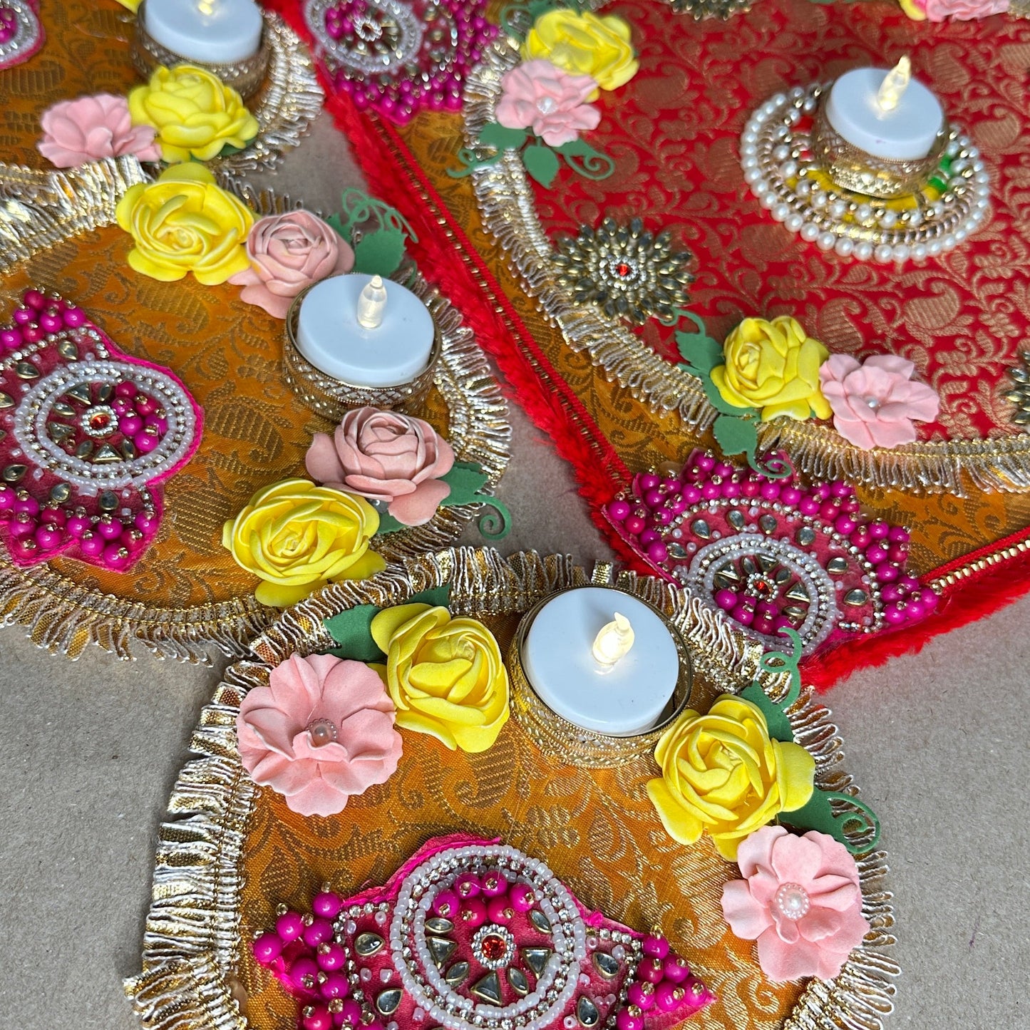5-Piece Square Diya Rangoli Set in Brocade Fabric - Festive Decoration