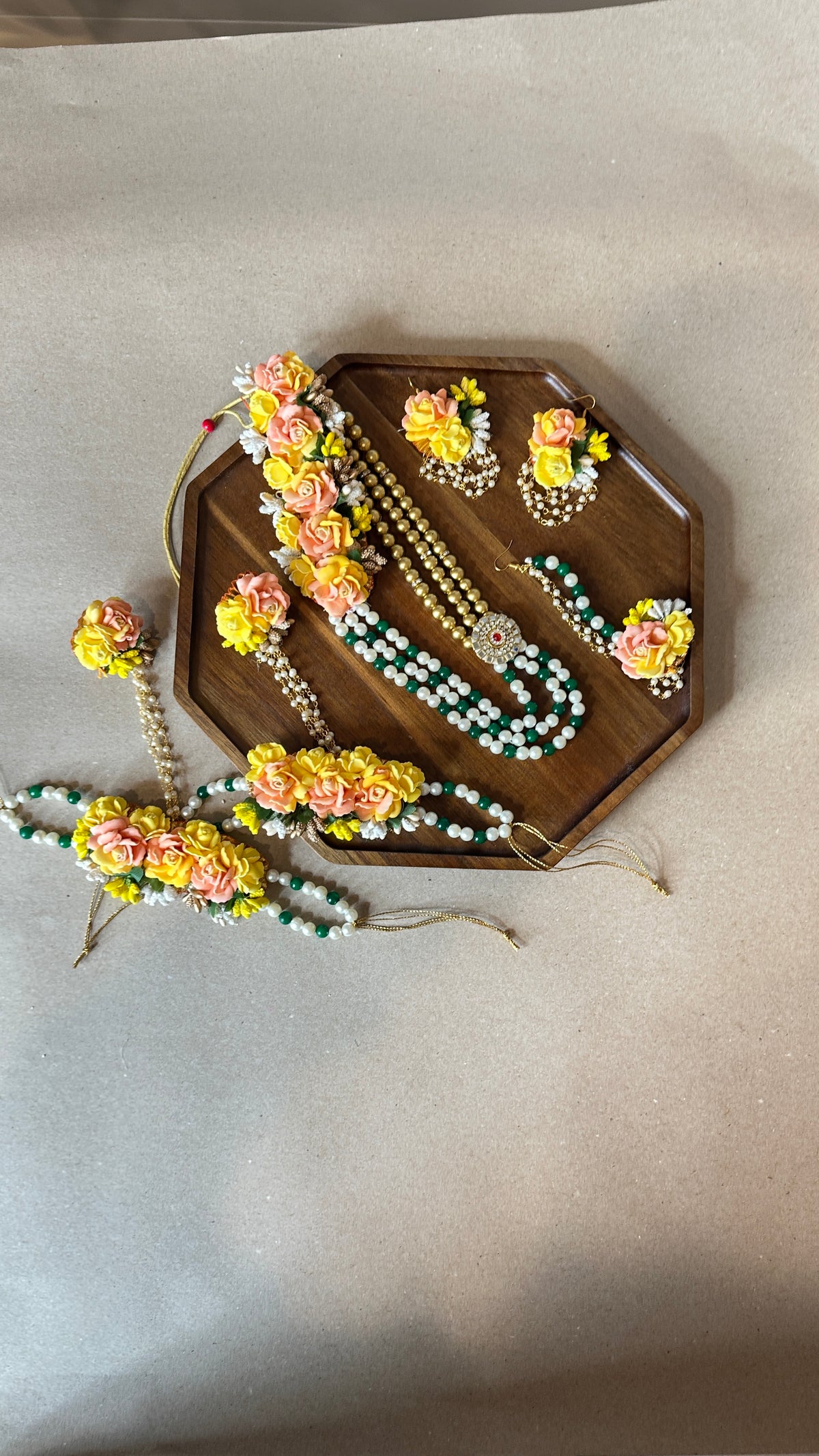 Orange Yellow Floral Foam Bridal Jewelry Set – 6 Pc Haldi Mehendi Haar, Earrings, Haath Phool, Maang Tikka