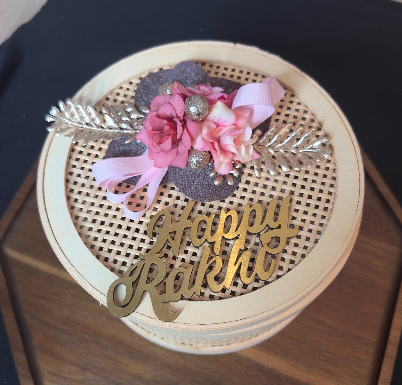 Handcrafted Rakhi Hamper with Resin Aarthi Plate, Silver Coin & Traditional Sweets