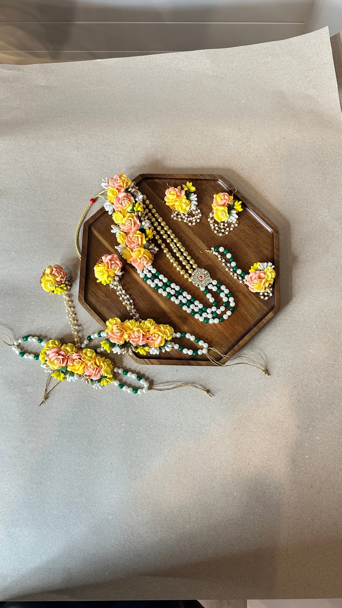 Orange Yellow Floral Foam Bridal Jewelry Set – 6 Pc Haldi Mehendi Haar, Earrings, Haath Phool, Maang Tikka