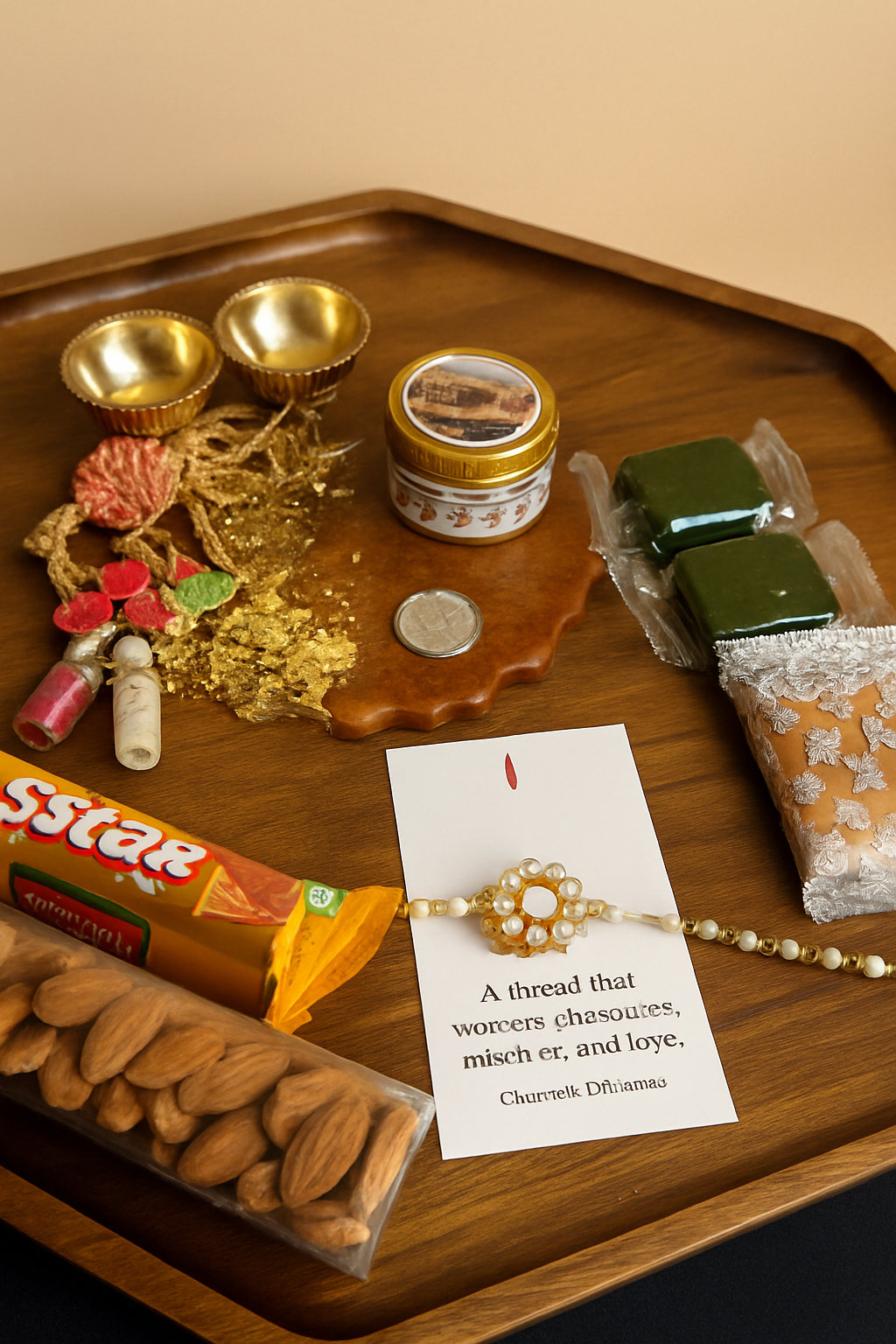 Handcrafted Rakhi Hamper with Resin Aarthi Plate, Silver Coin & Traditional Sweets
