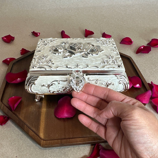 Vintage-Style Silver Jewelry Box with Rose Embossing