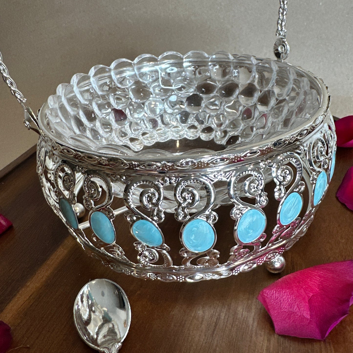 Turquoise Enamel Silver Basket with Handle & Removable Glass Bowl – Luxury Gift in Satin-Lined Box | Ideal for Weddings, Housewarmings & Festive Decor