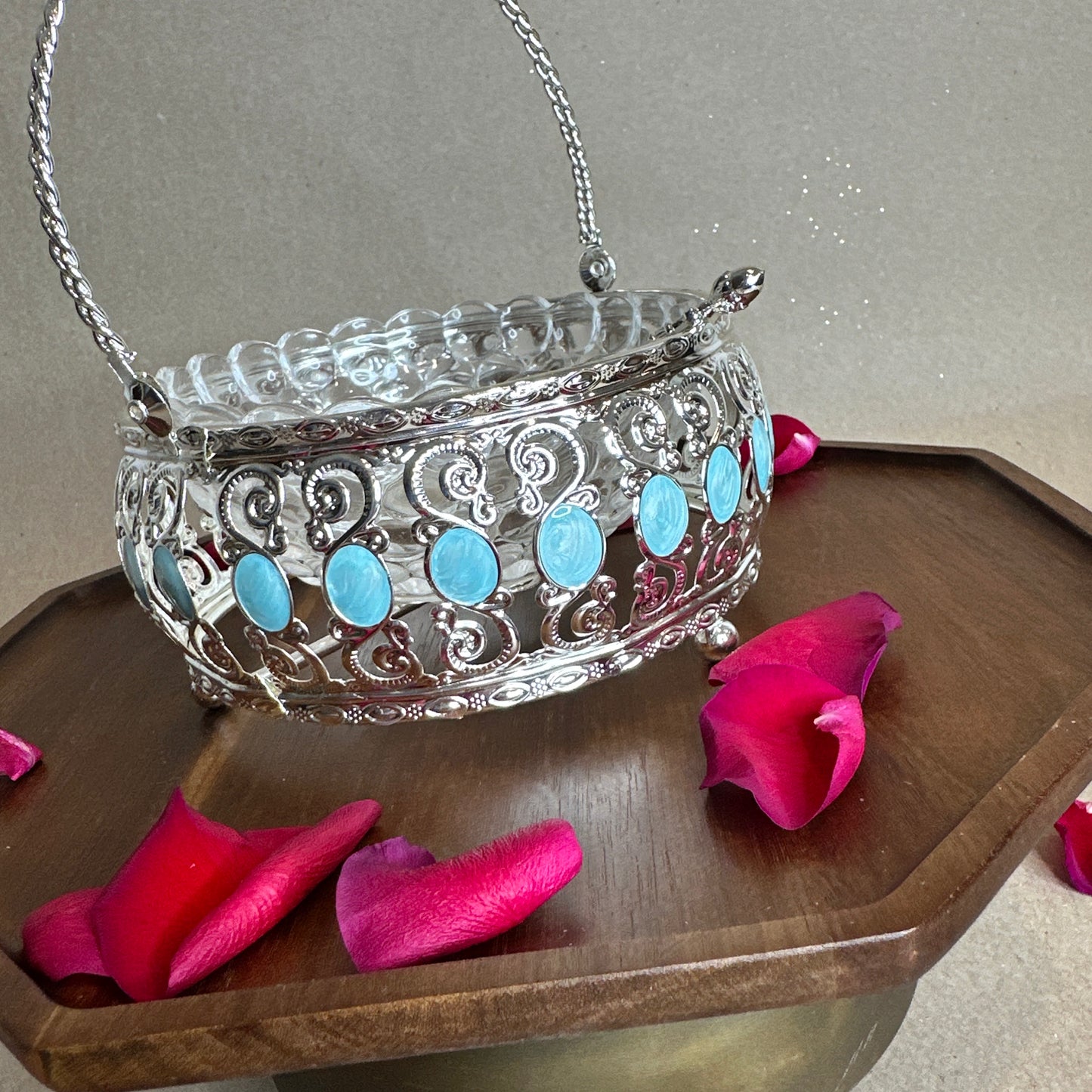 Turquoise Enamel Silver Basket with Handle & Removable Glass Bowl – Luxury Gift in Satin-Lined Box | Ideal for Weddings, Housewarmings & Festive Decor