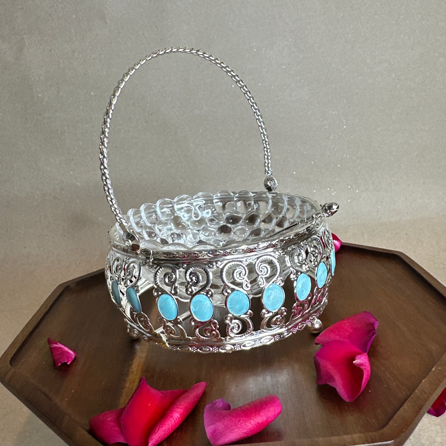 Turquoise Enamel Silver Basket with Handle & Removable Glass Bowl – Luxury Gift in Satin-Lined Box | Ideal for Weddings, Housewarmings & Festive Decor