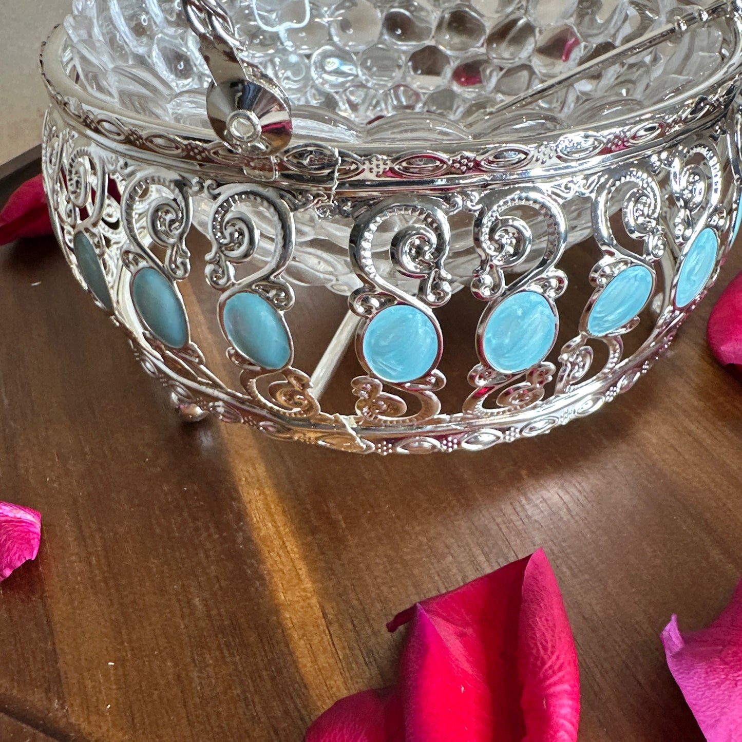 Turquoise Enamel Silver Basket with Handle & Removable Glass Bowl – Luxury Gift in Satin-Lined Box | Ideal for Weddings, Housewarmings & Festive Decor