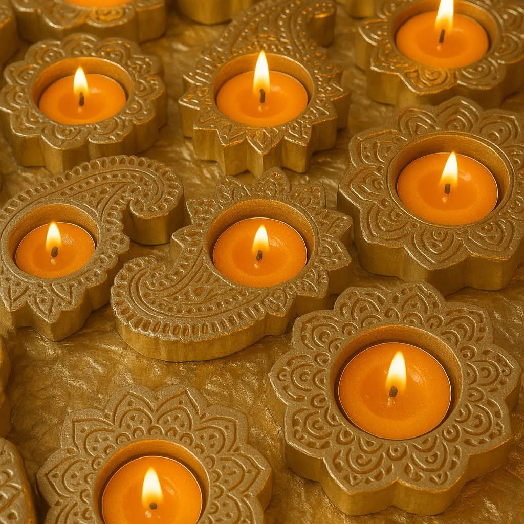 Handcrafted Wooden Block Print Diya Holder Bundle of 6 in Organza Potli Bags | Festive Candle Holders & Indian Wedding Return Favors | Table Decoration for Gifting | Handmade