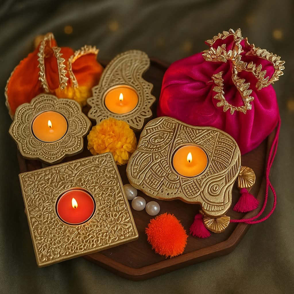 Handcrafted Wooden Block Print Diya Holder Bundle of 6 in Organza Potli Bags | Festive Candle Holders & Indian Wedding Return Favors | Table Decoration for Gifting | Handmade