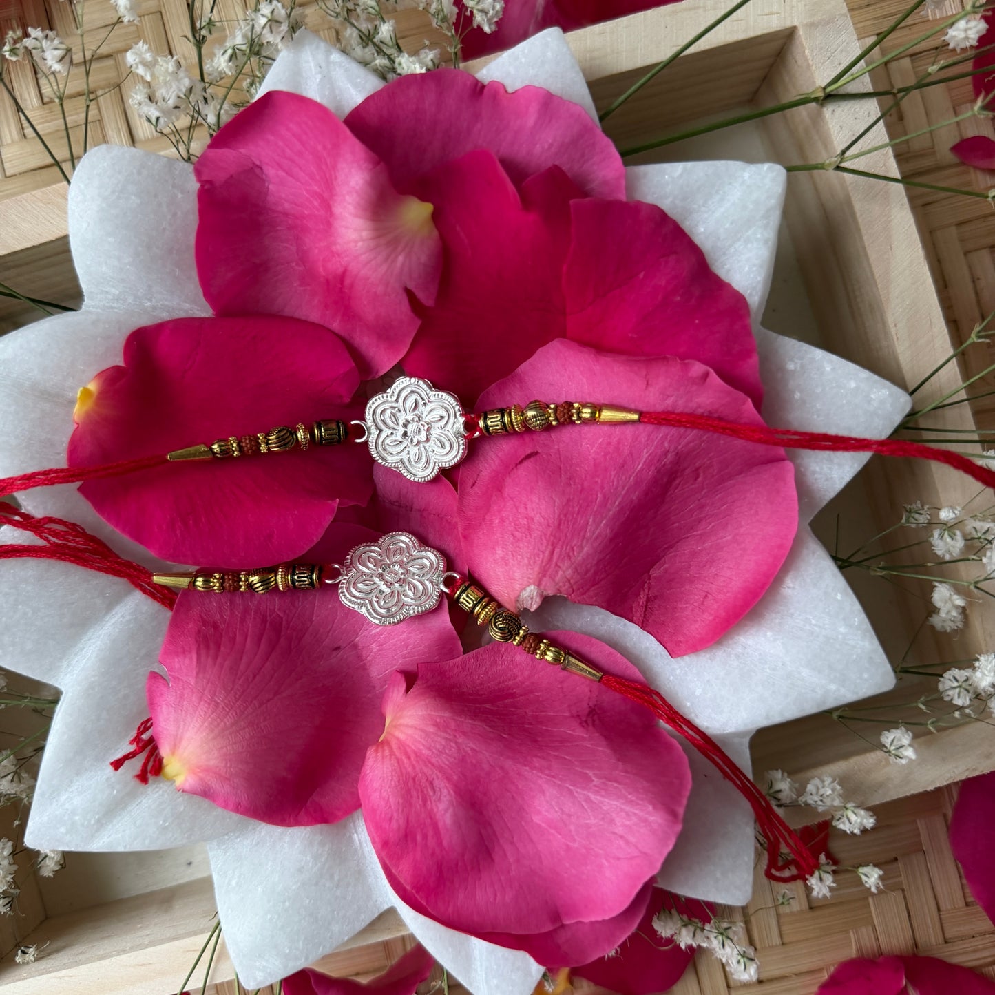 Fine Silver Floral Crest Rakhi with Rudraksha Beads