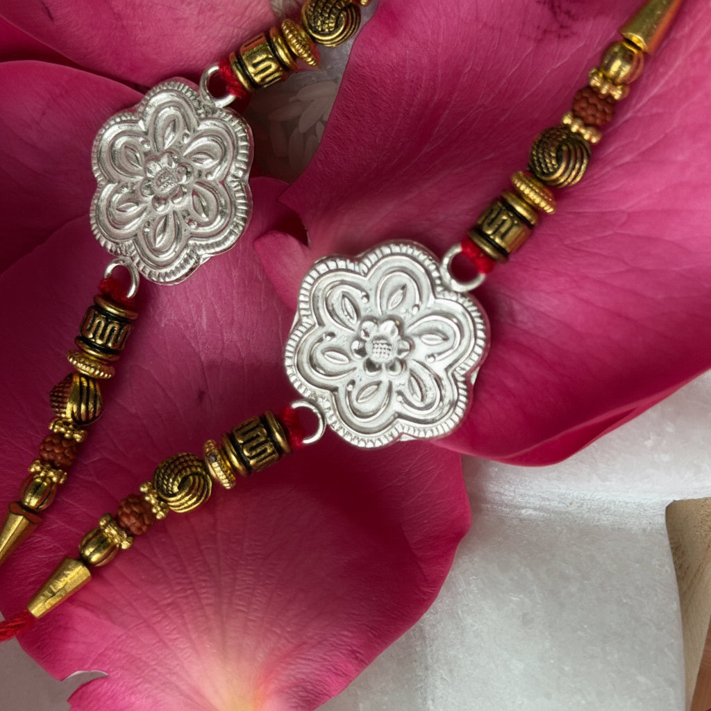 Fine Silver Floral Crest Rakhi with Rudraksha Beads