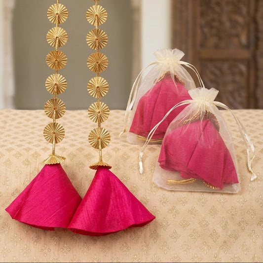 andcrafted 3ft Gold Gota Chakri & Raw Silk Jhumka Hangings (Pair Set) | Traditional Indian Door Decor in organza Bag