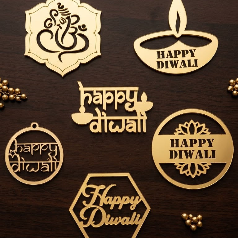 Gold Diwali Gift Tags, Happy Diwali Decorative Gift Toppers, Ganesha and Diya Designs