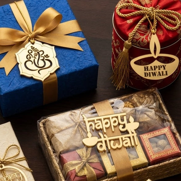 Gold Diwali Gift Tags, Happy Diwali Decorative Gift Toppers, Ganesha and Diya Designs
