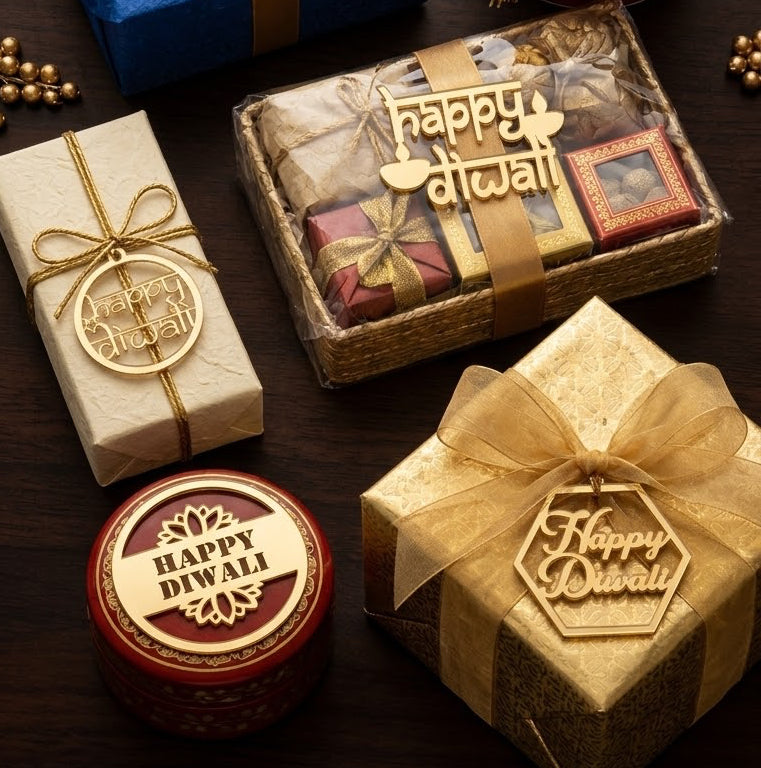 Gold Diwali Gift Tags, Happy Diwali Decorative Gift Toppers, Ganesha and Diya Designs