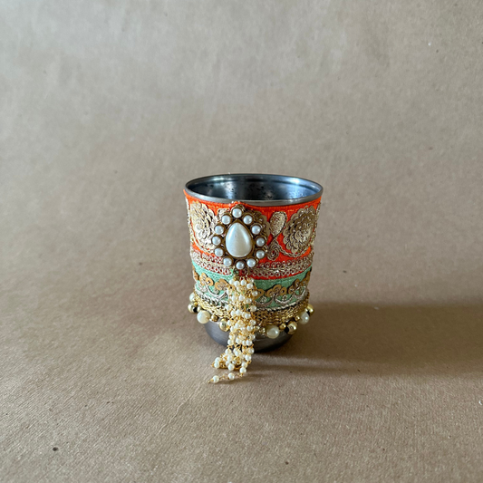 Karwachauth Glass in Orange Color with drop Shaped Pearl Flower