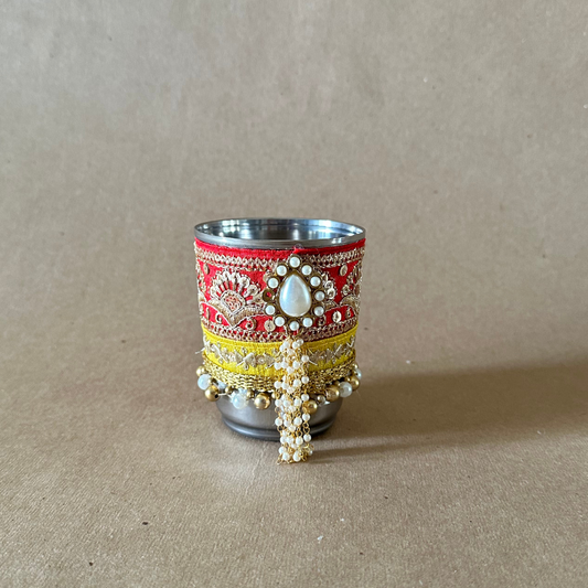 Karwachauth Glass in Red Color with drop Shaped Pearl Flower