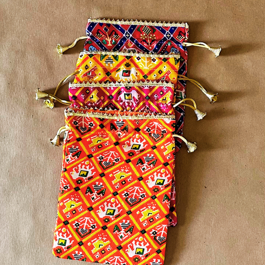 Multicolored Patola Drawstring Potlies, Return Gift Bags